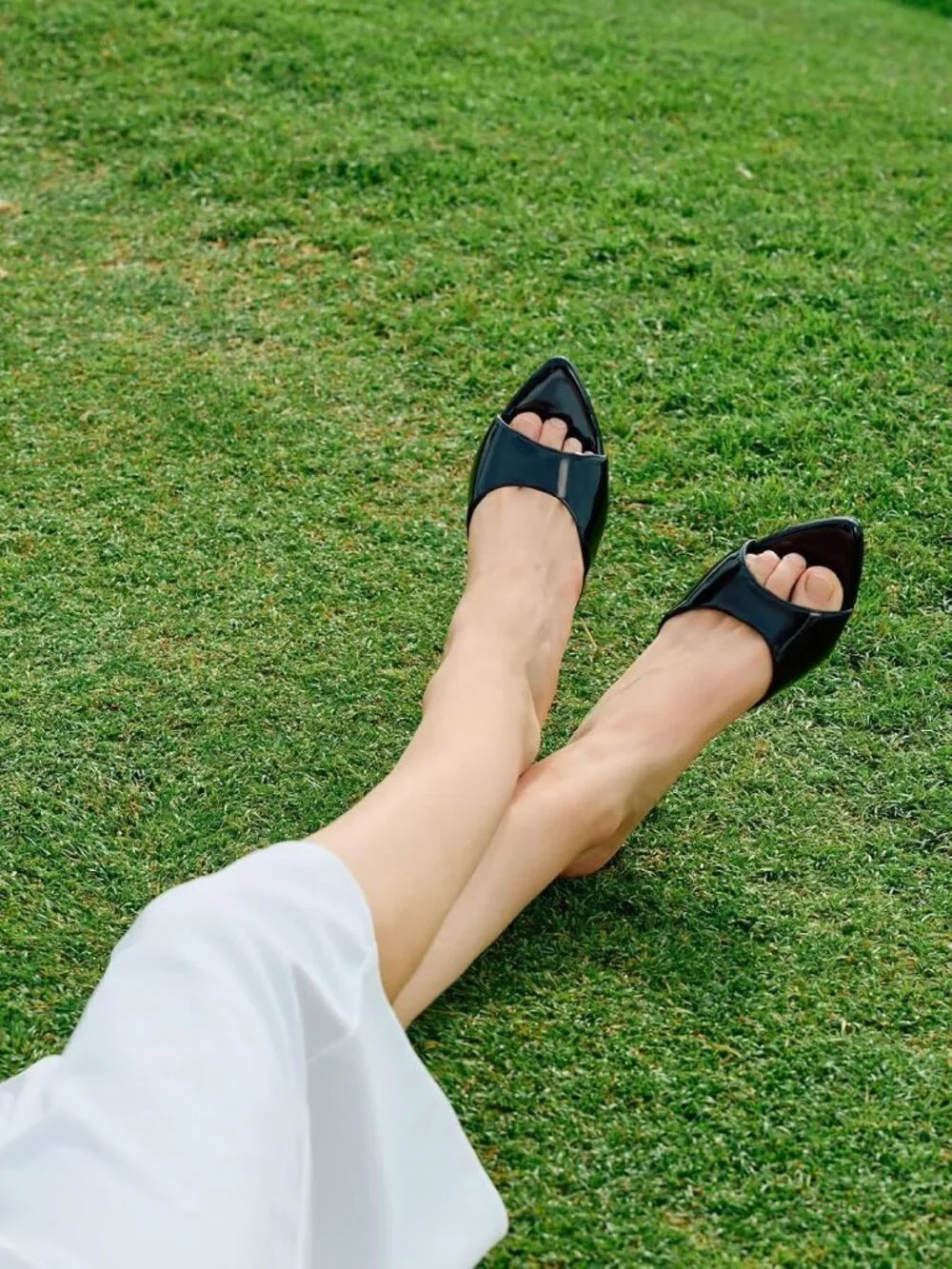Womens Black Patent Leather Comfortable Slip On Backless Pointed Peep Toe Sandal